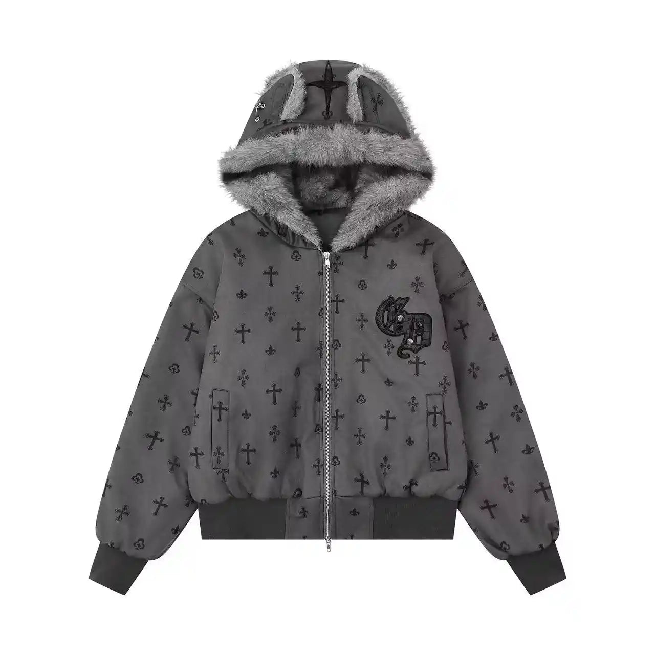 Vintage Suede Cross Faux-Fur Hooded Puffer   OL2028