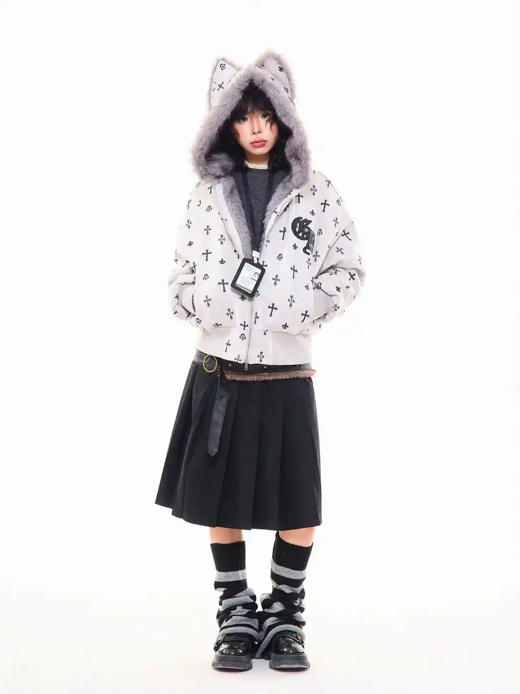 Vintage Suede Cross Faux-Fur Hooded Puffer   OL2028