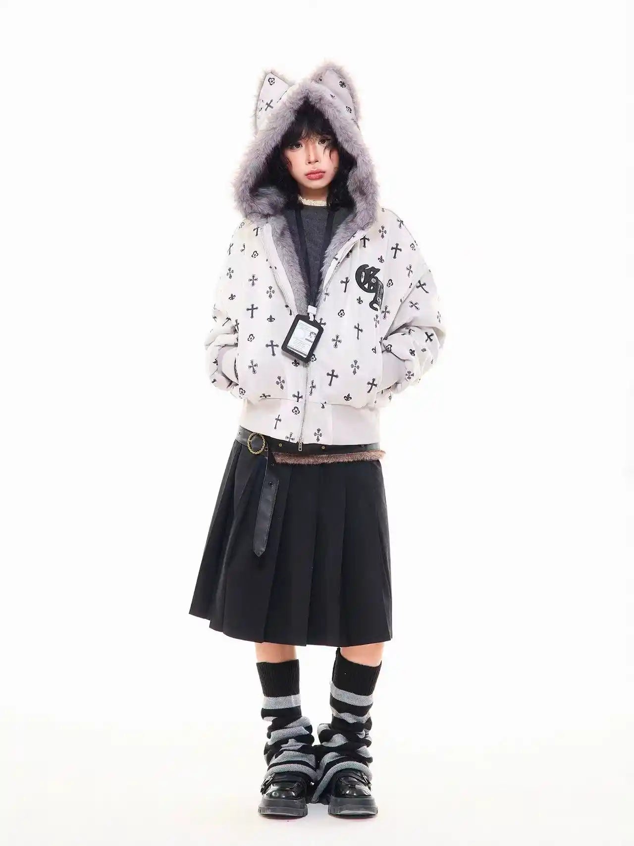 Vintage Suede Cross Faux-Fur Hooded Puffer   OL2028