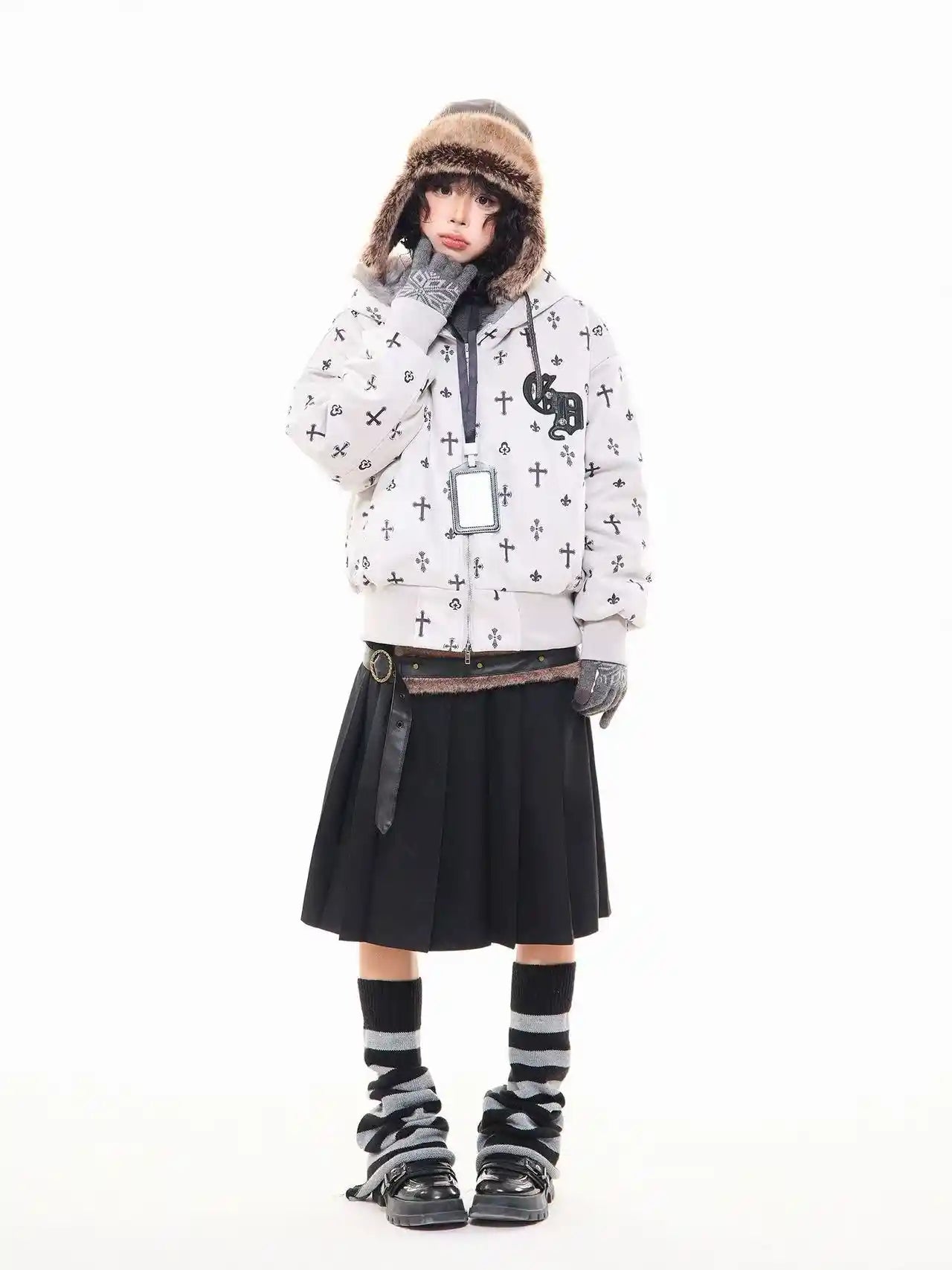 Vintage Suede Cross Faux-Fur Hooded Puffer   OL2028