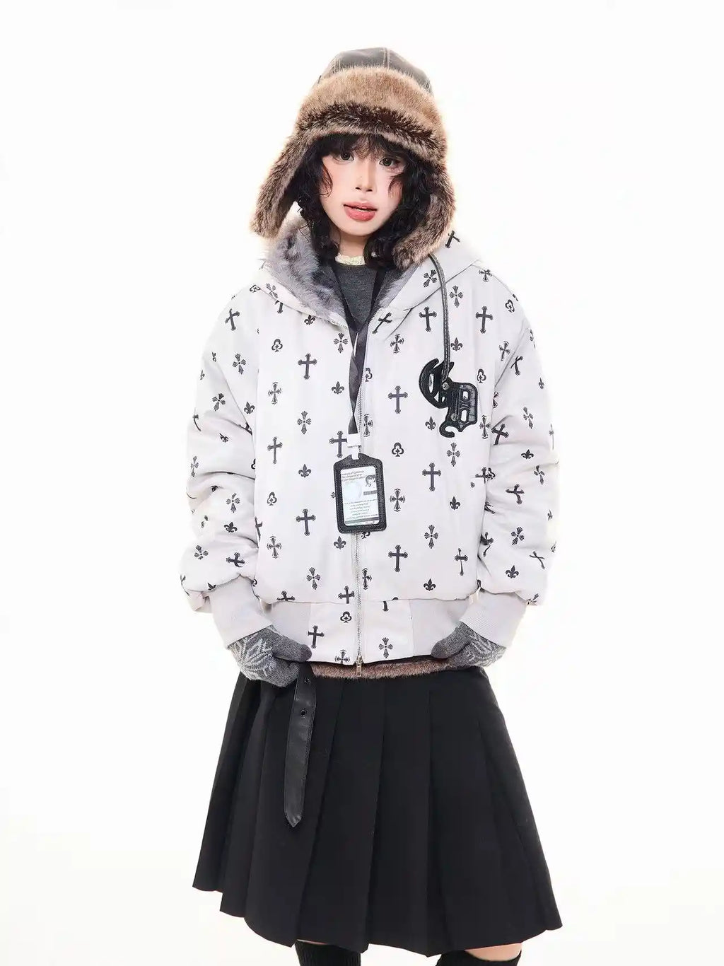 Vintage Suede Cross Faux-Fur Hooded Puffer   OL2028