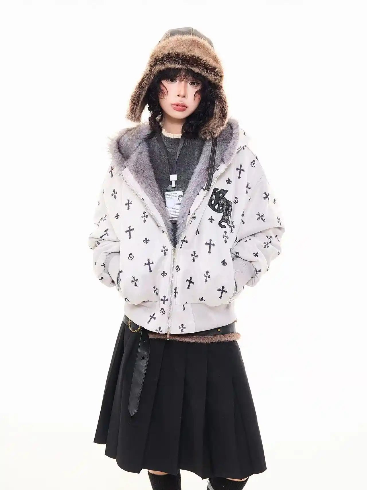 Vintage Suede Cross Faux-Fur Hooded Puffer   OL2028