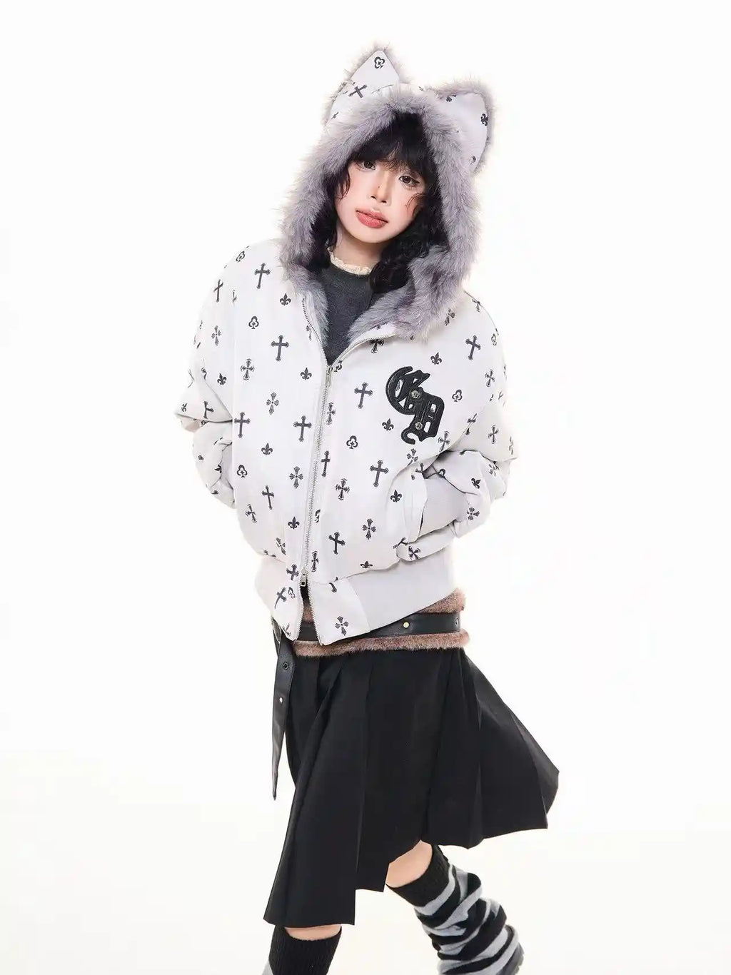 Vintage Suede Cross Faux-Fur Hooded Puffer   OL2028