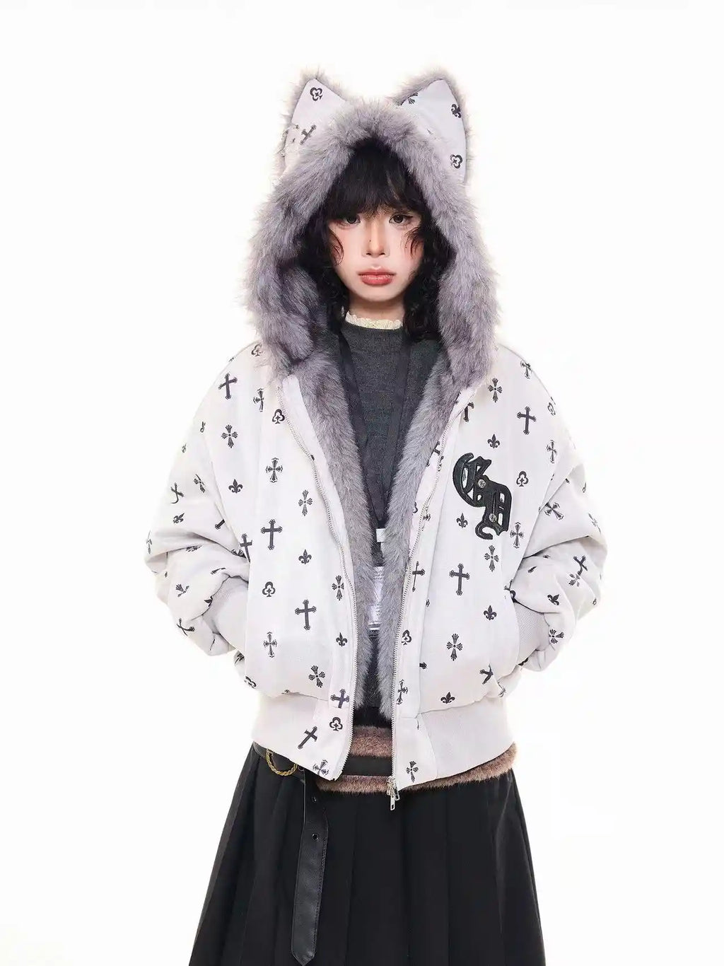 Vintage Suede Cross Faux-Fur Hooded Puffer   OL2028