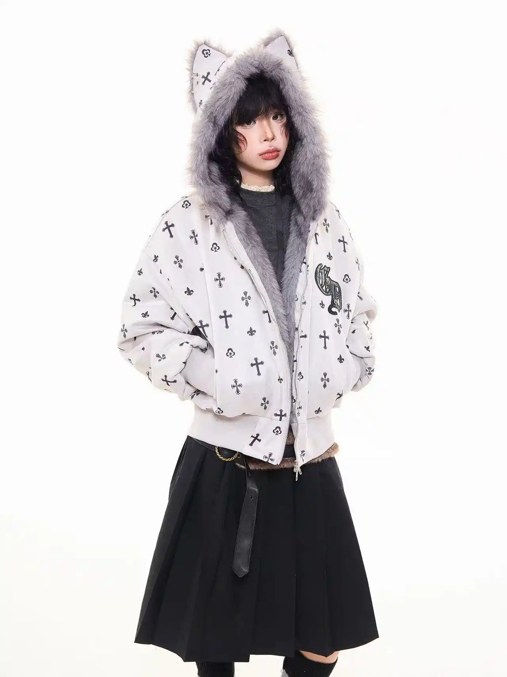 Vintage Suede Cross Faux-Fur Hooded Puffer   OL2028