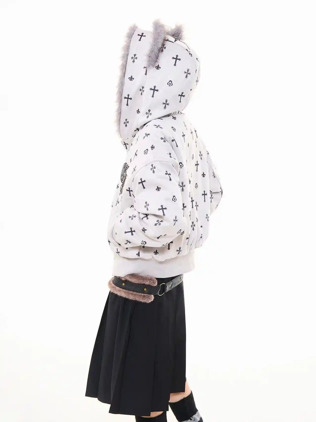 Vintage Suede Cross Faux-Fur Hooded Puffer   OL2028