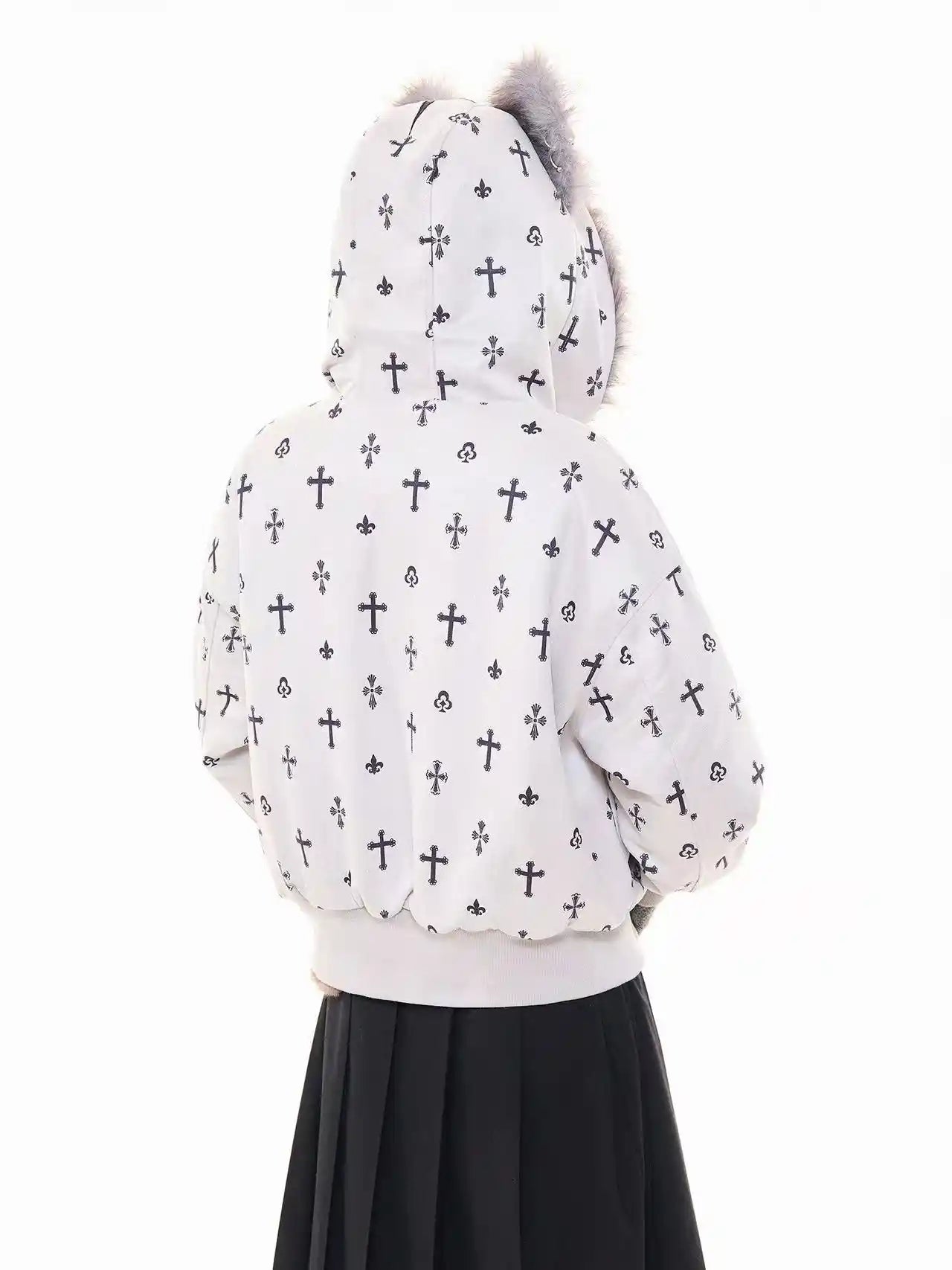 Vintage Suede Cross Faux-Fur Hooded Puffer   OL2028