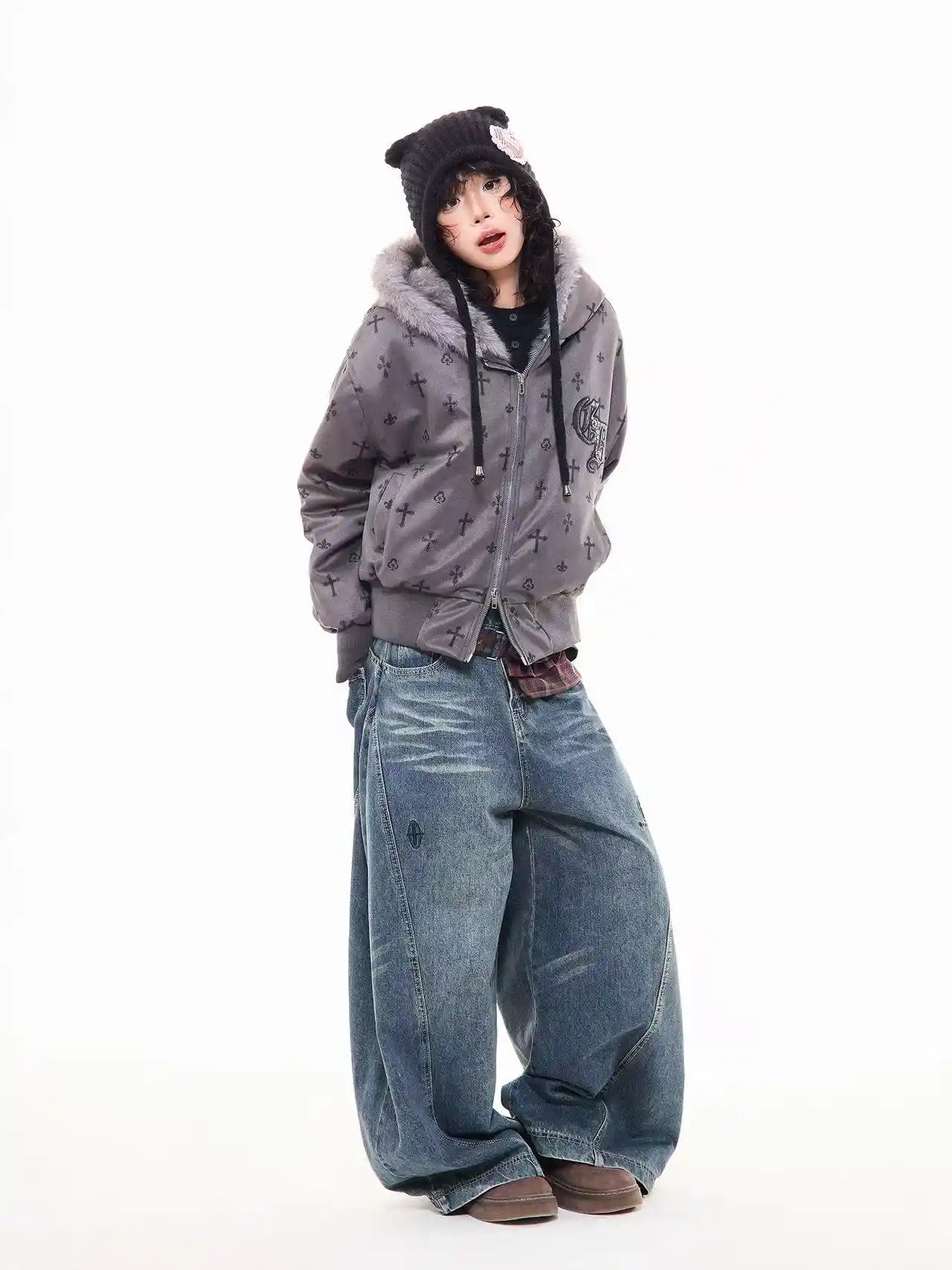 Vintage Suede Cross Faux-Fur Hooded Puffer   OL2028