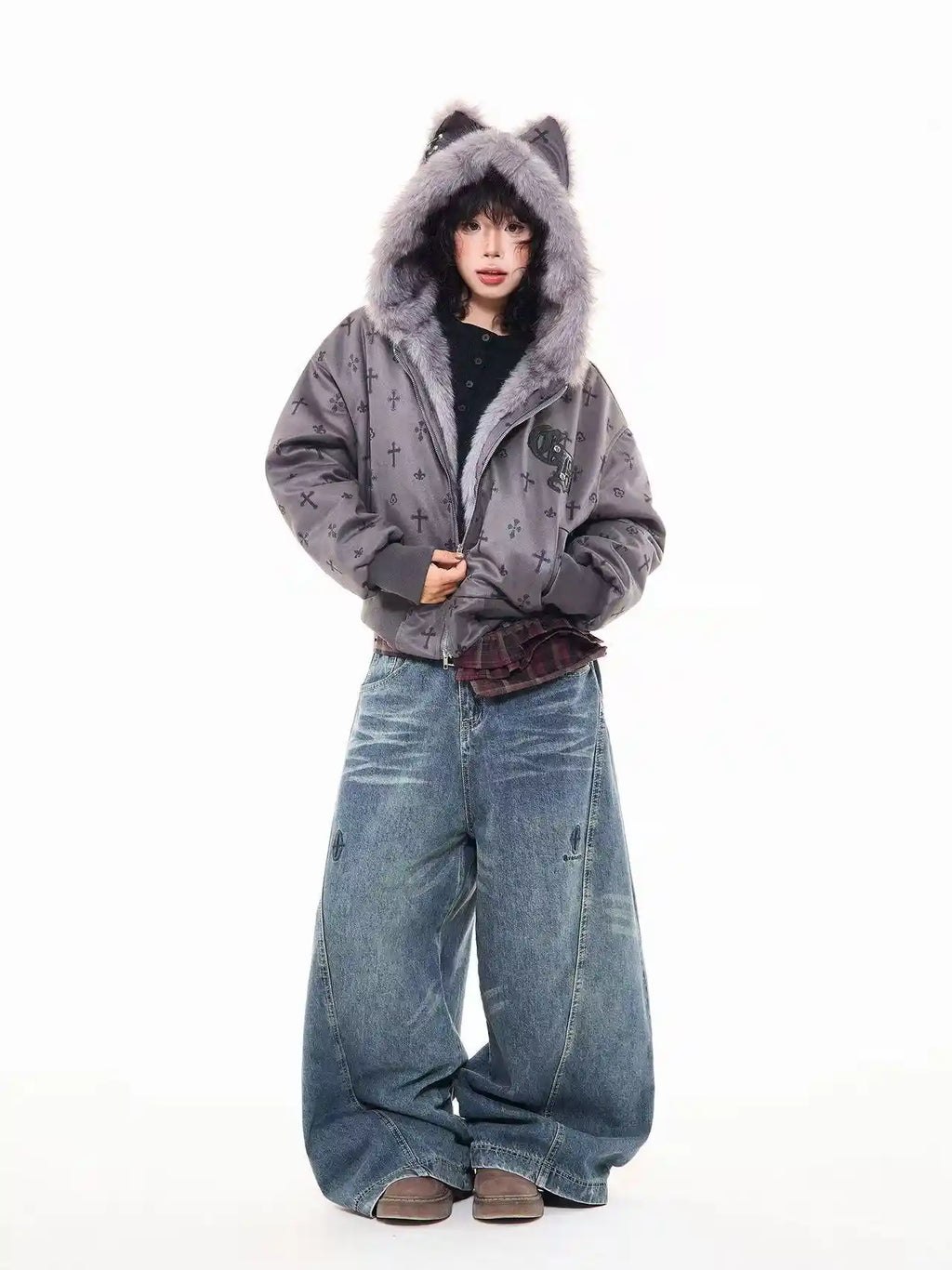 Vintage Suede Cross Faux-Fur Hooded Puffer   OL2028