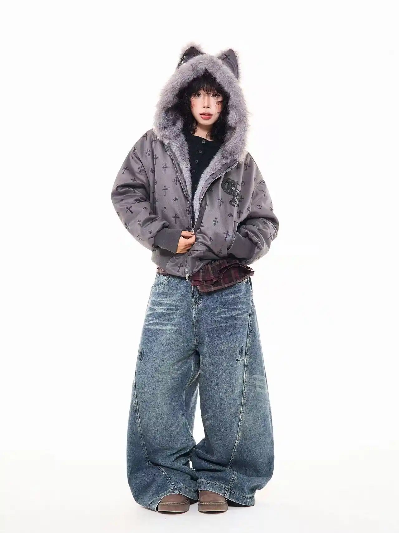 Vintage Suede Cross Faux-Fur Hooded Puffer   OL2028