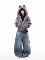 Vintage Suede Cross Faux-Fur Hooded Puffer   OL2028