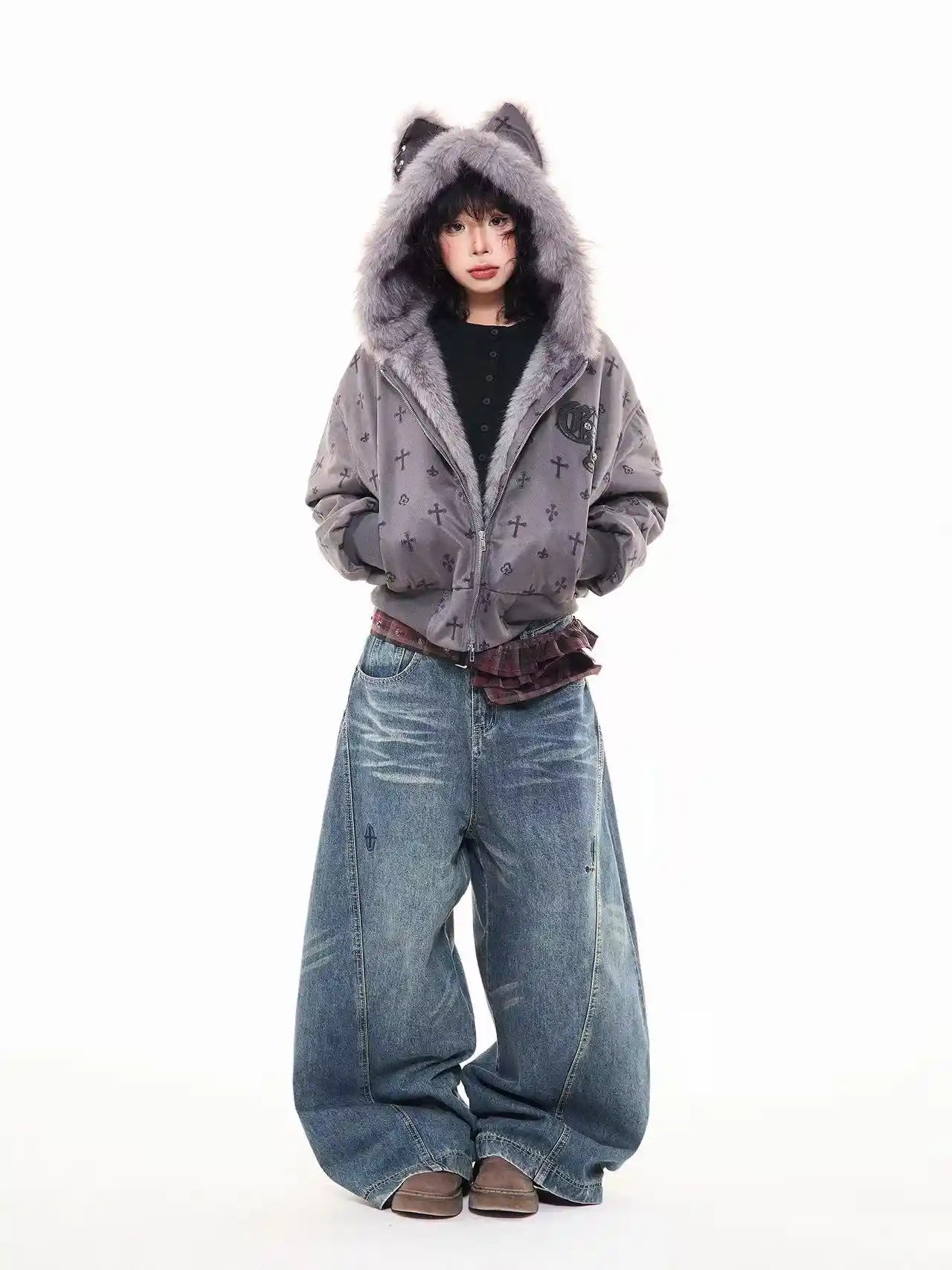 Vintage Suede Cross Faux-Fur Hooded Puffer   OL2028