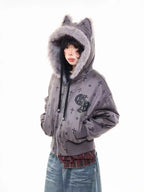 Vintage Suede Cross Faux-Fur Hooded Puffer   OL2028