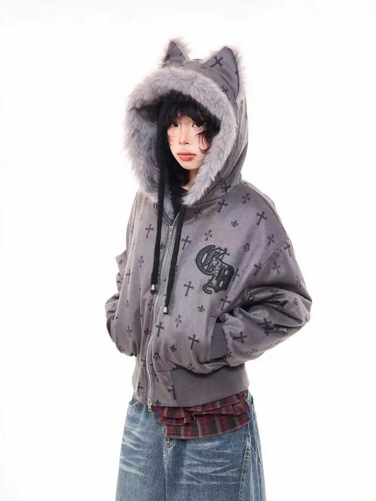 Vintage Suede Cross Faux-Fur Hooded Puffer   OL2028