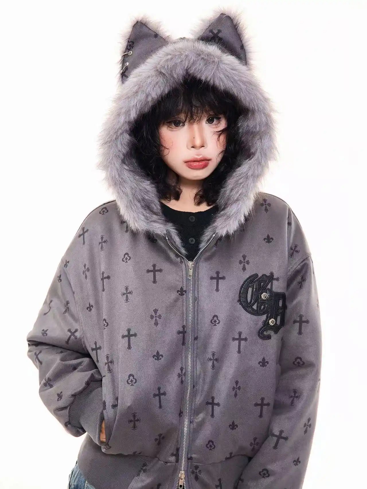 Vintage Suede Cross Faux-Fur Hooded Puffer   OL2028