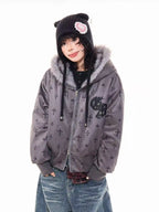 Vintage Suede Cross Faux-Fur Hooded Puffer   OL2028