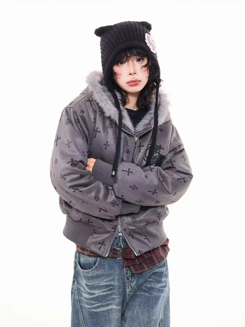 Vintage Suede Cross Faux-Fur Hooded Puffer   OL2028