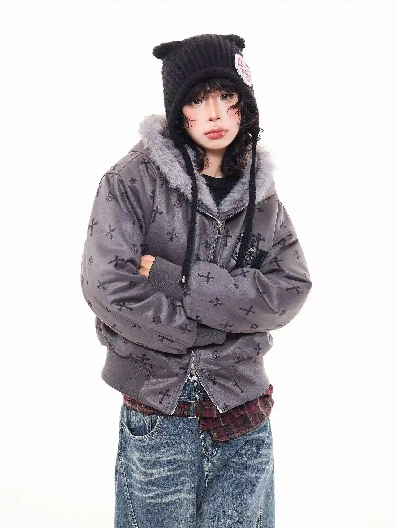 Vintage Suede Cross Faux-Fur Hooded Puffer   OL2028