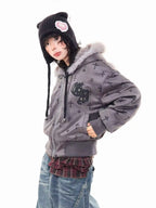 Vintage Suede Cross Faux-Fur Hooded Puffer   OL2028