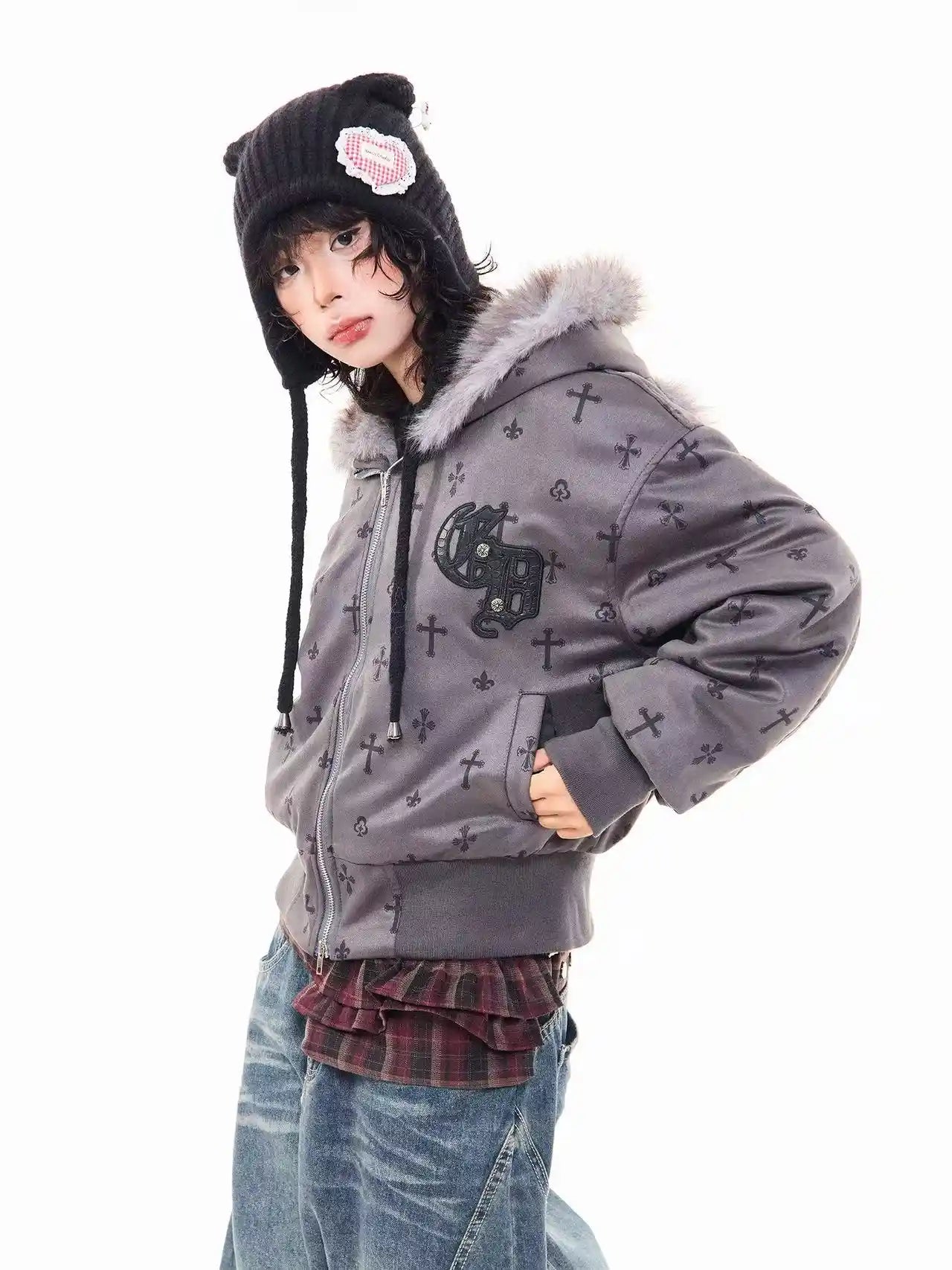 Vintage Suede Cross Faux-Fur Hooded Puffer   OL2028