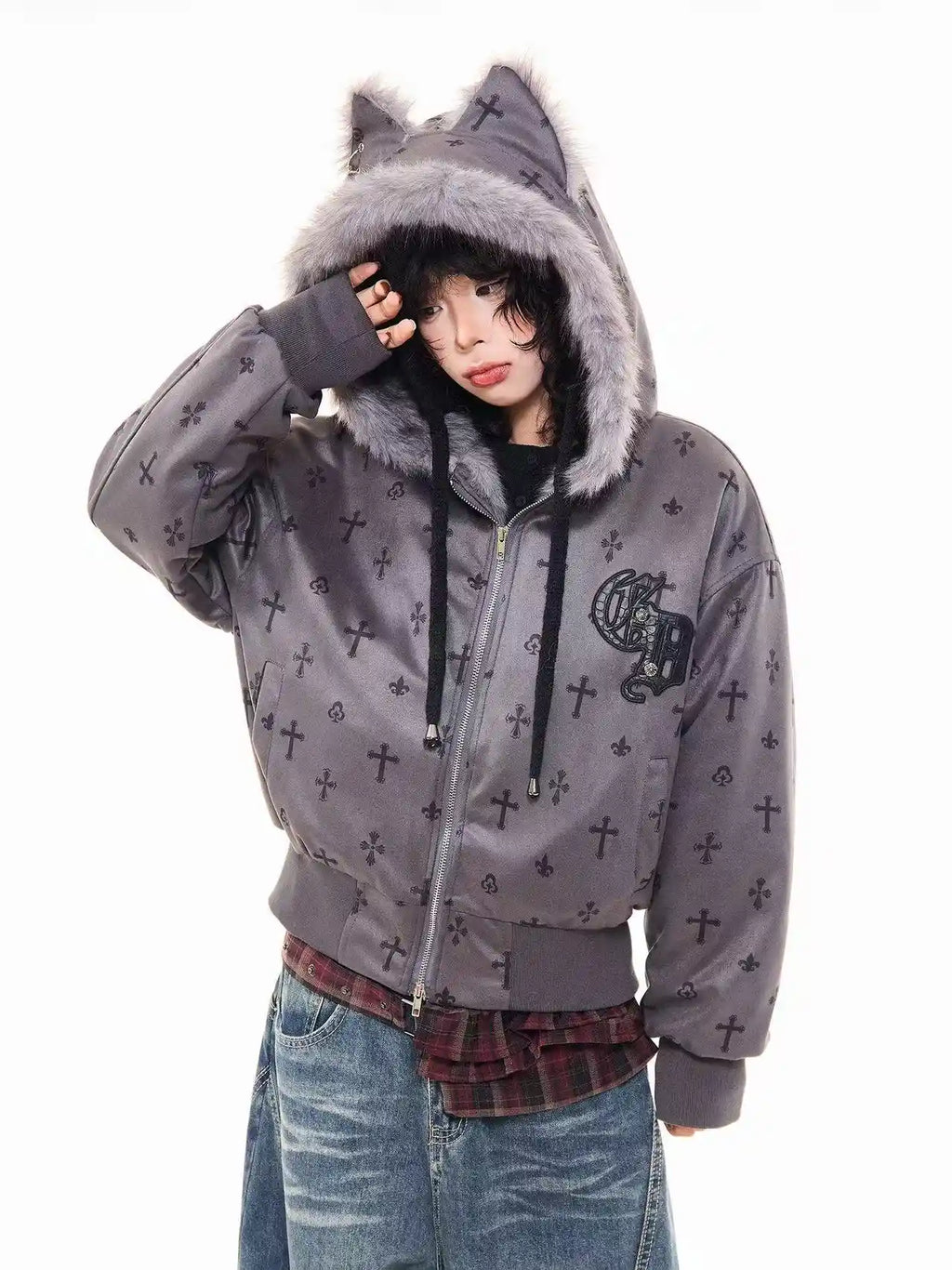 Vintage Suede Cross Faux-Fur Hooded Puffer   OL2028