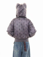 Vintage Suede Cross Faux-Fur Hooded Puffer   OL2028