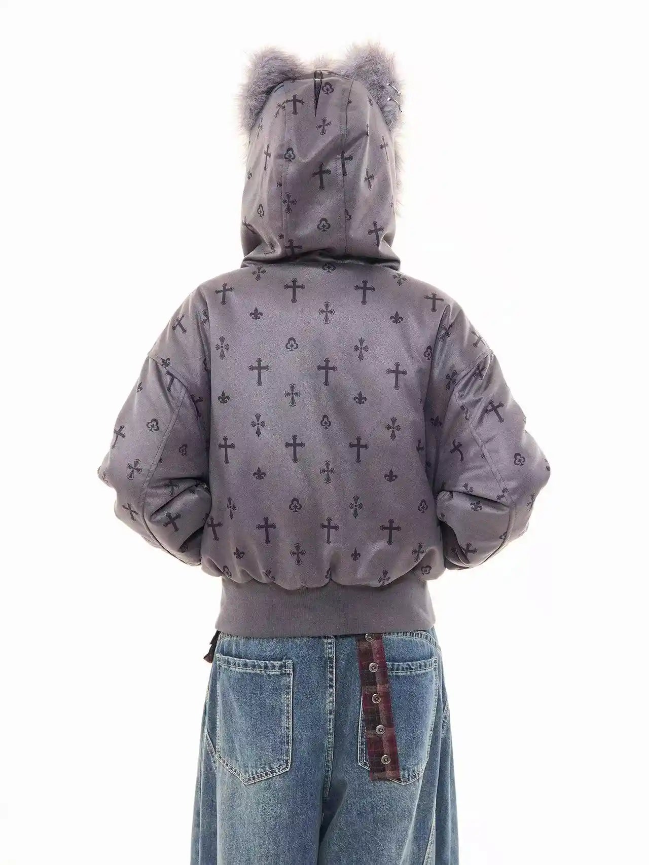 Vintage Suede Cross Faux-Fur Hooded Puffer   OL2028