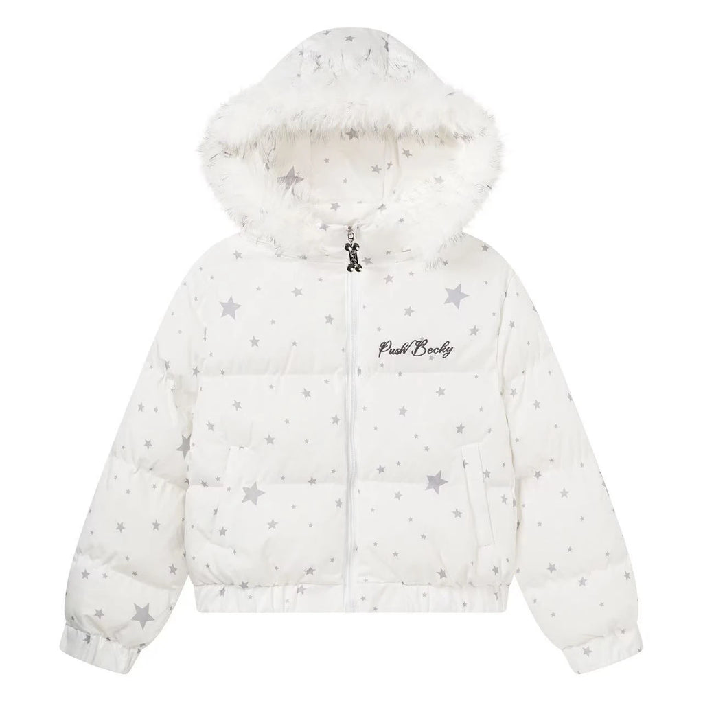 Star Print Faux Fur Hooded Puffer Jacket   OL2029