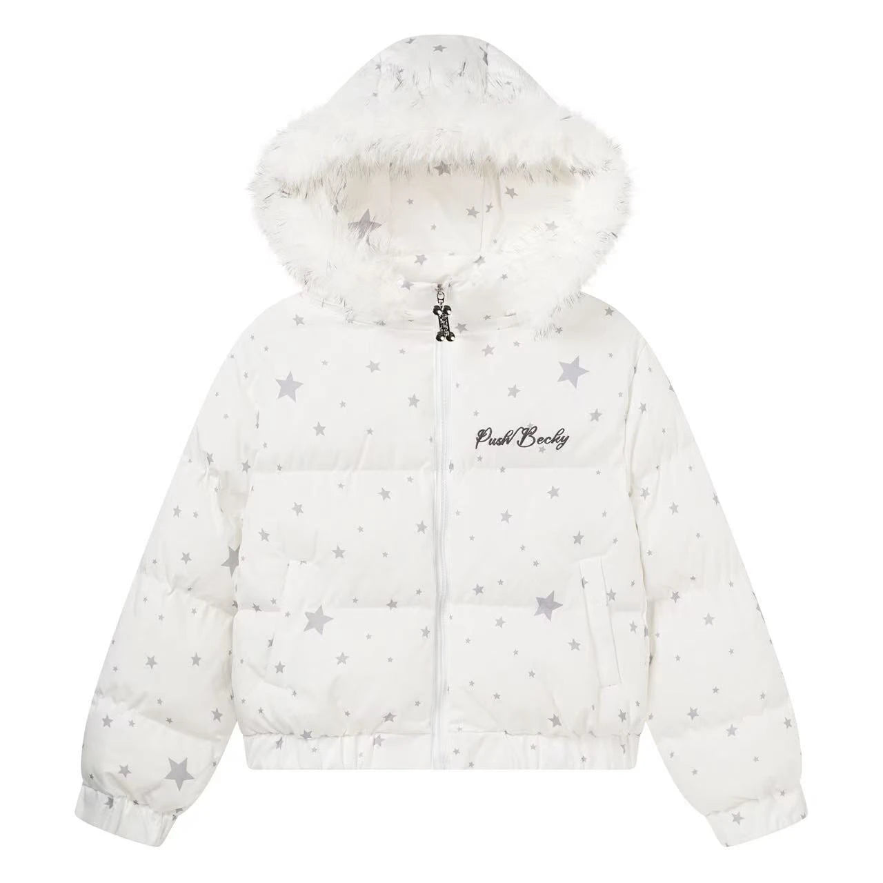 Star Print Faux Fur Hooded Puffer Jacket   OL2029