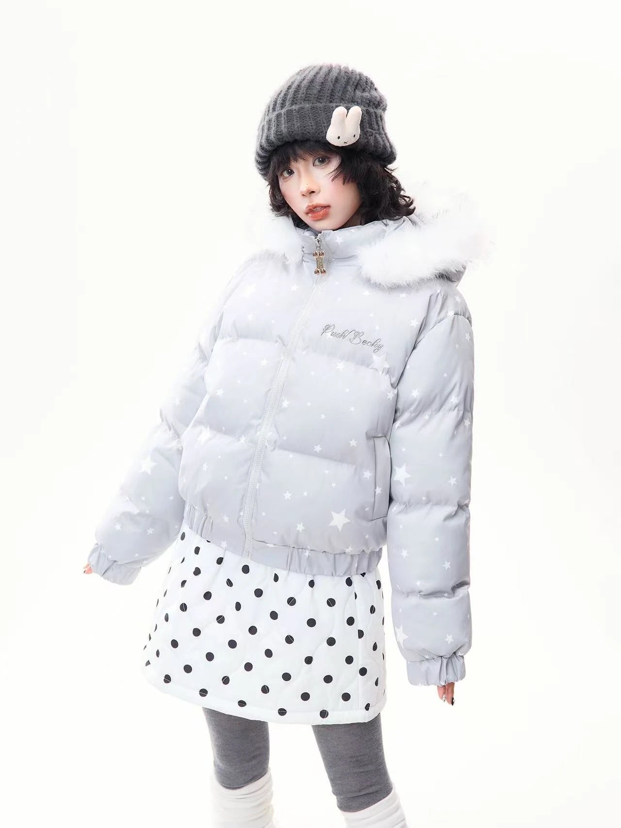 Star Print Faux Fur Hooded Puffer Jacket   OL2029