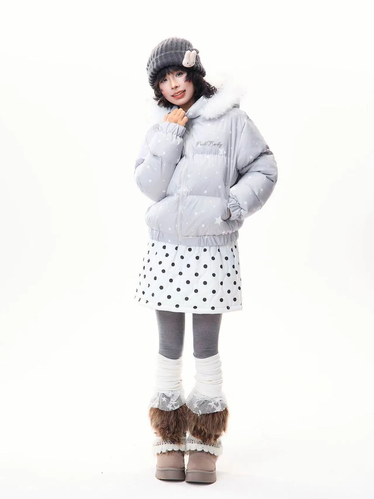 Star Print Faux Fur Hooded Puffer Jacket   OL2029