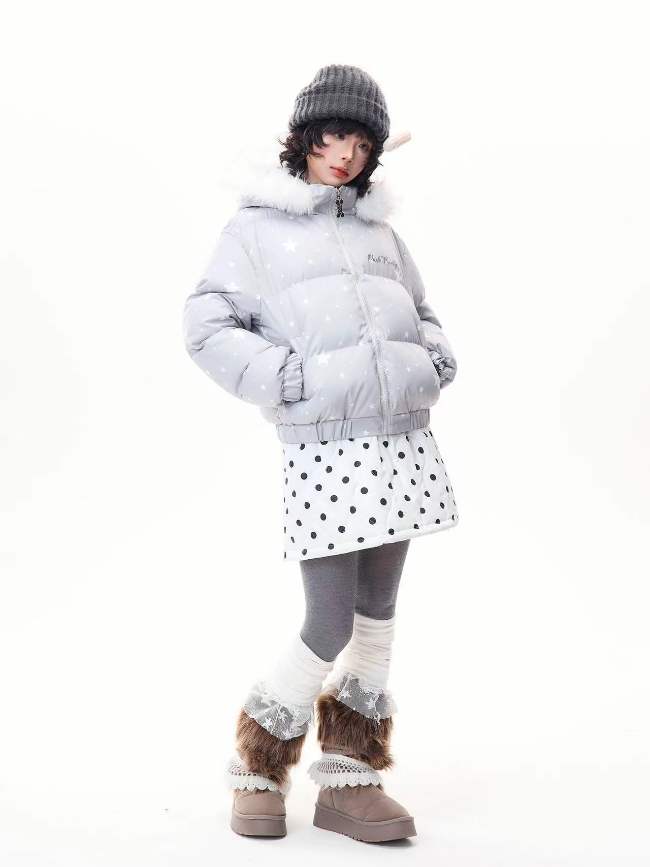 Star Print Faux Fur Hooded Puffer Jacket   OL2029