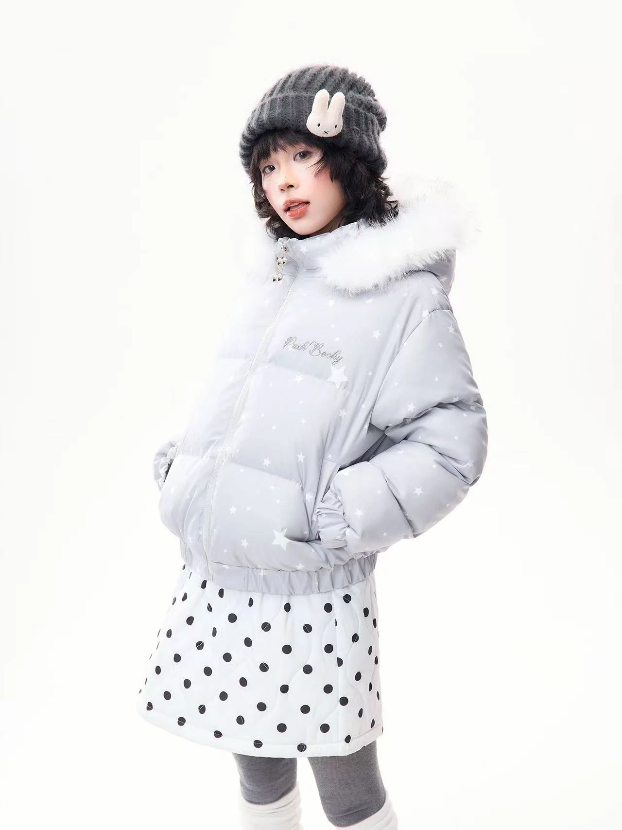 Star Print Faux Fur Hooded Puffer Jacket   OL2029