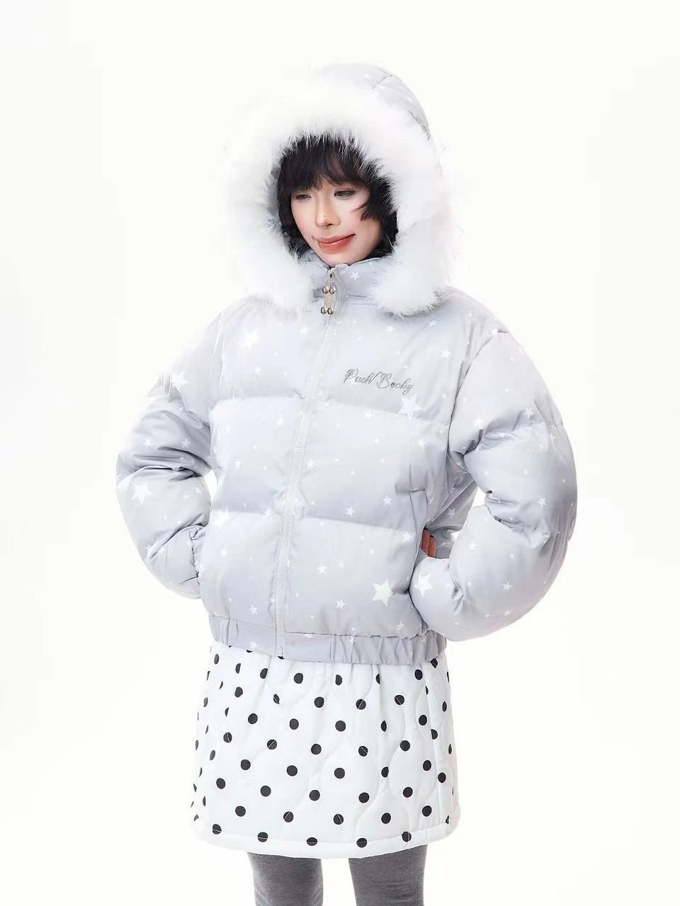 Star Print Faux Fur Hooded Puffer Jacket   OL2029