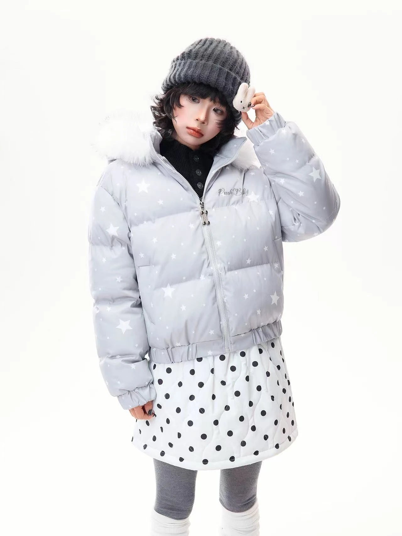 Star Print Faux Fur Hooded Puffer Jacket   OL2029