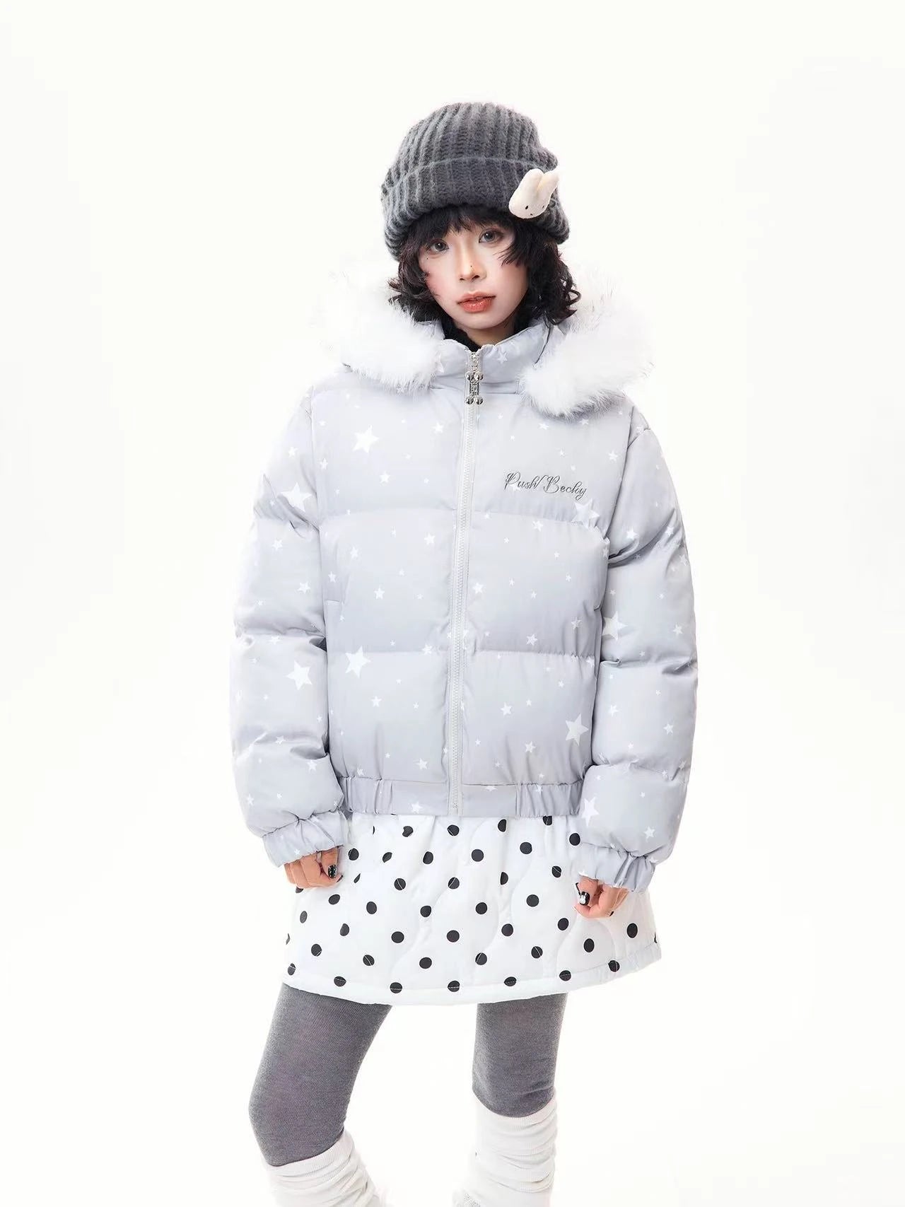 Star Print Faux Fur Hooded Puffer Jacket   OL2029