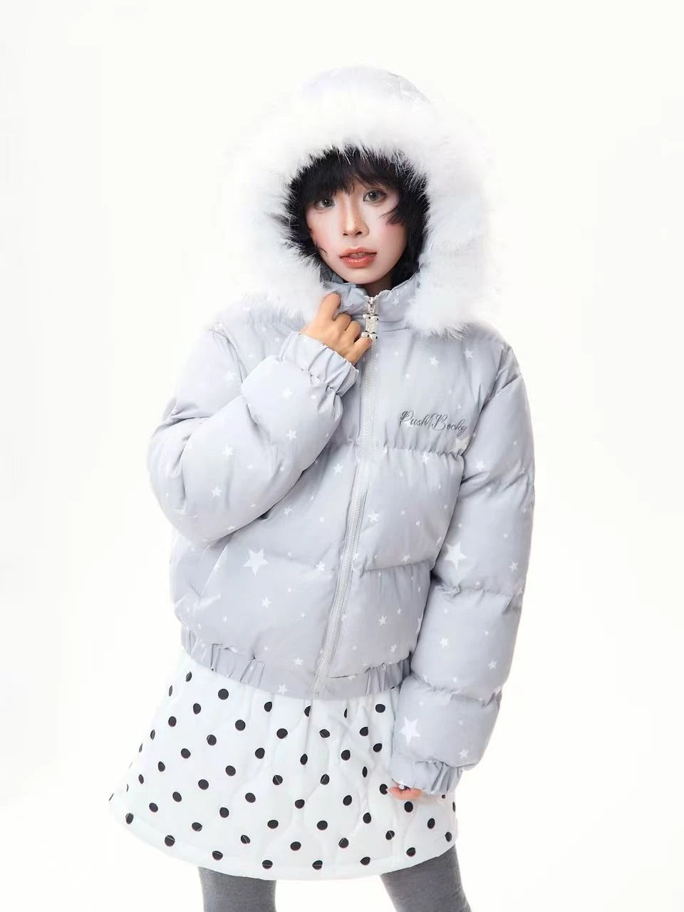 Star Print Faux Fur Hooded Puffer Jacket   OL2029