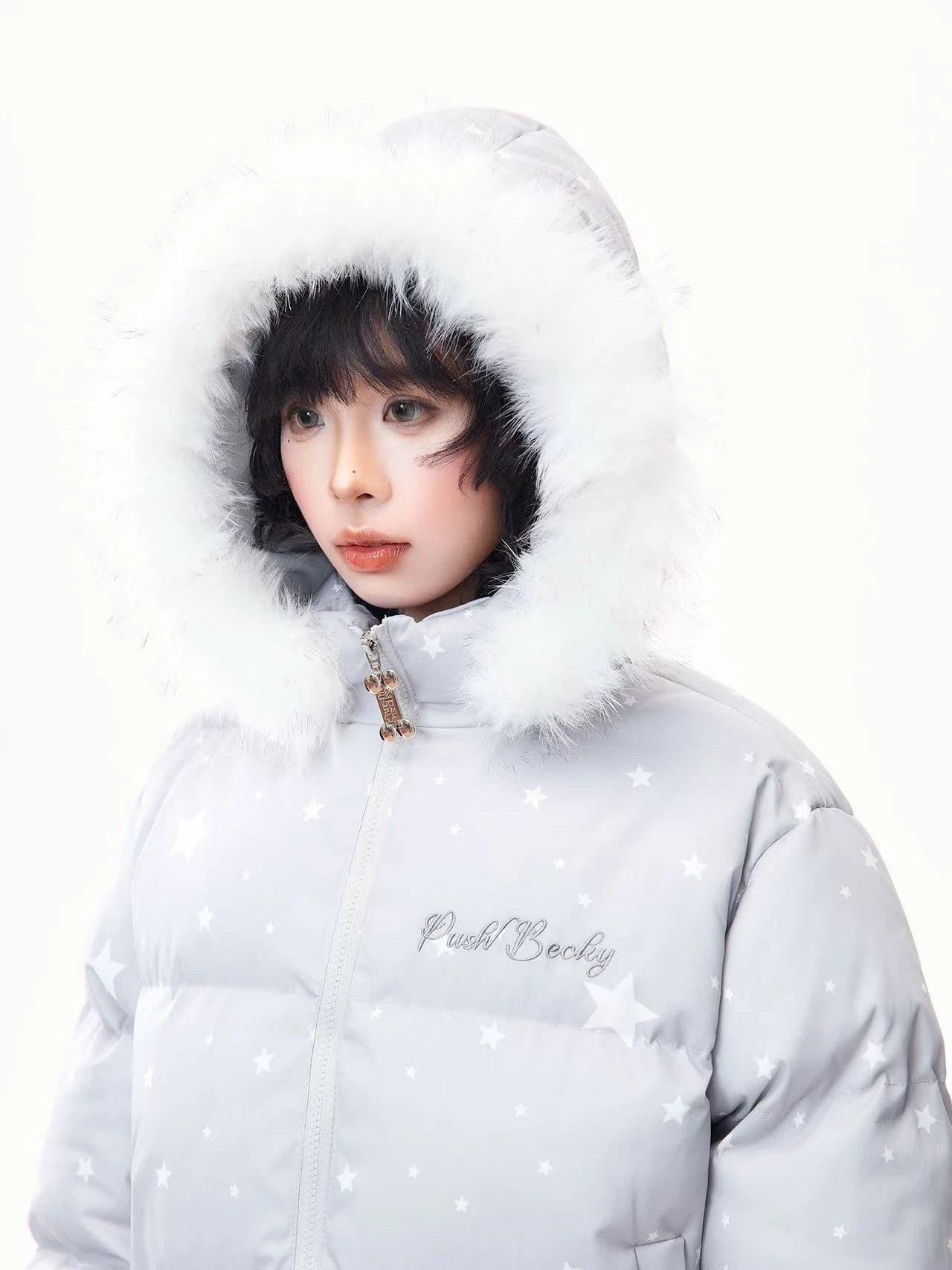 Star Print Faux Fur Hooded Puffer Jacket   OL2029