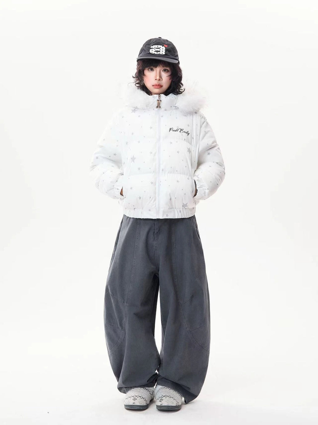 Star Print Faux Fur Hooded Puffer Jacket   OL2029