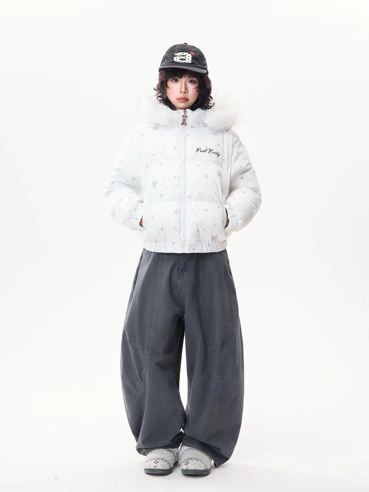 Star Print Faux Fur Hooded Puffer Jacket   OL2029