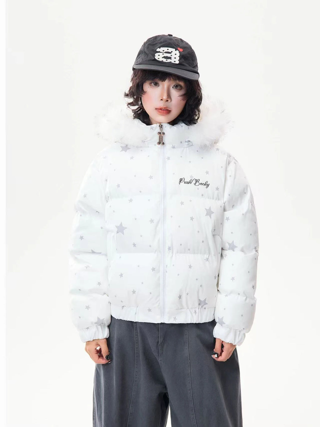 Star Print Faux Fur Hooded Puffer Jacket   OL2029