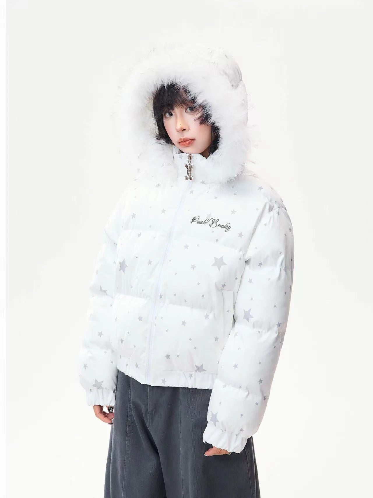 Star Print Faux Fur Hooded Puffer Jacket   OL2029