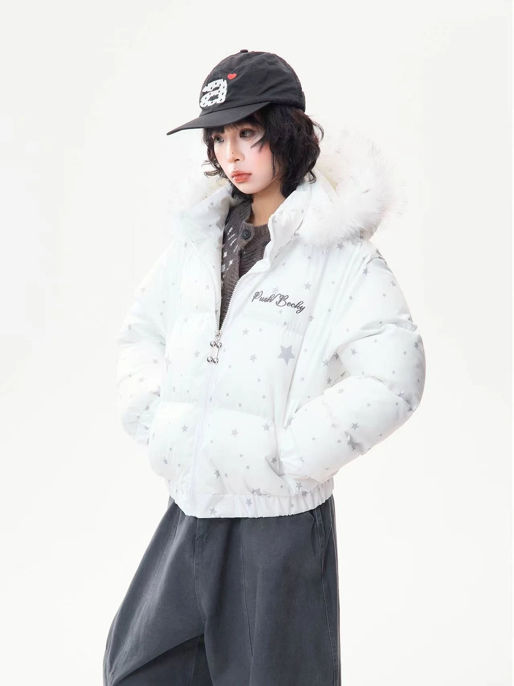Star Print Faux Fur Hooded Puffer Jacket   OL2029