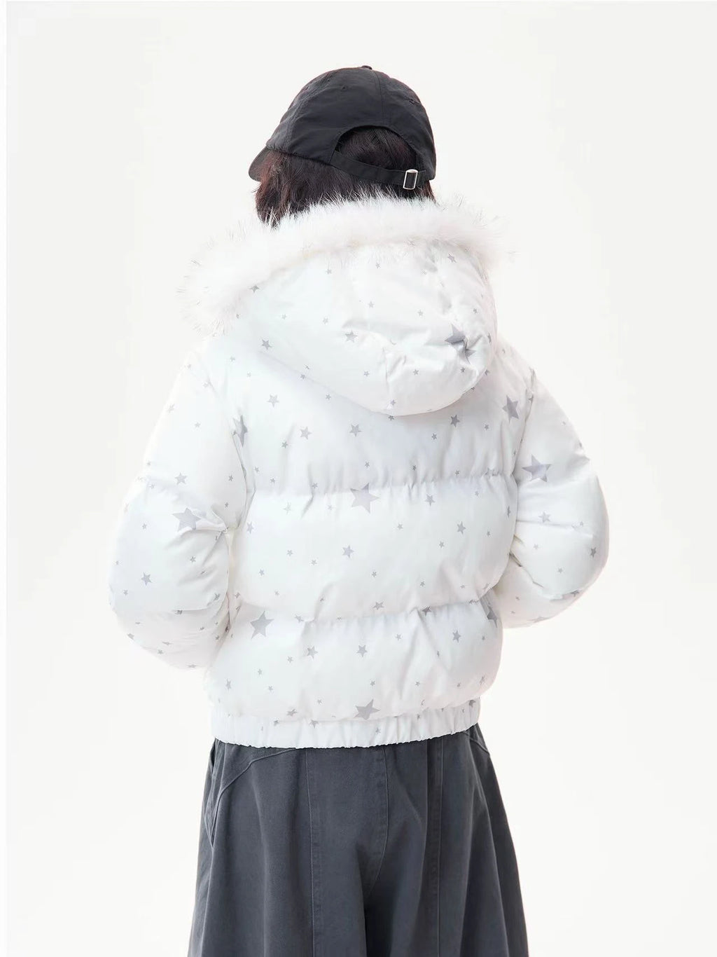 Star Print Faux Fur Hooded Puffer Jacket   OL2029