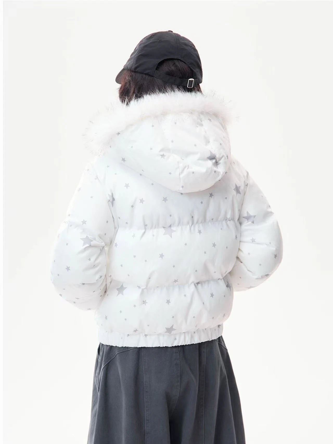 Star Print Faux Fur Hooded Puffer Jacket   OL2029