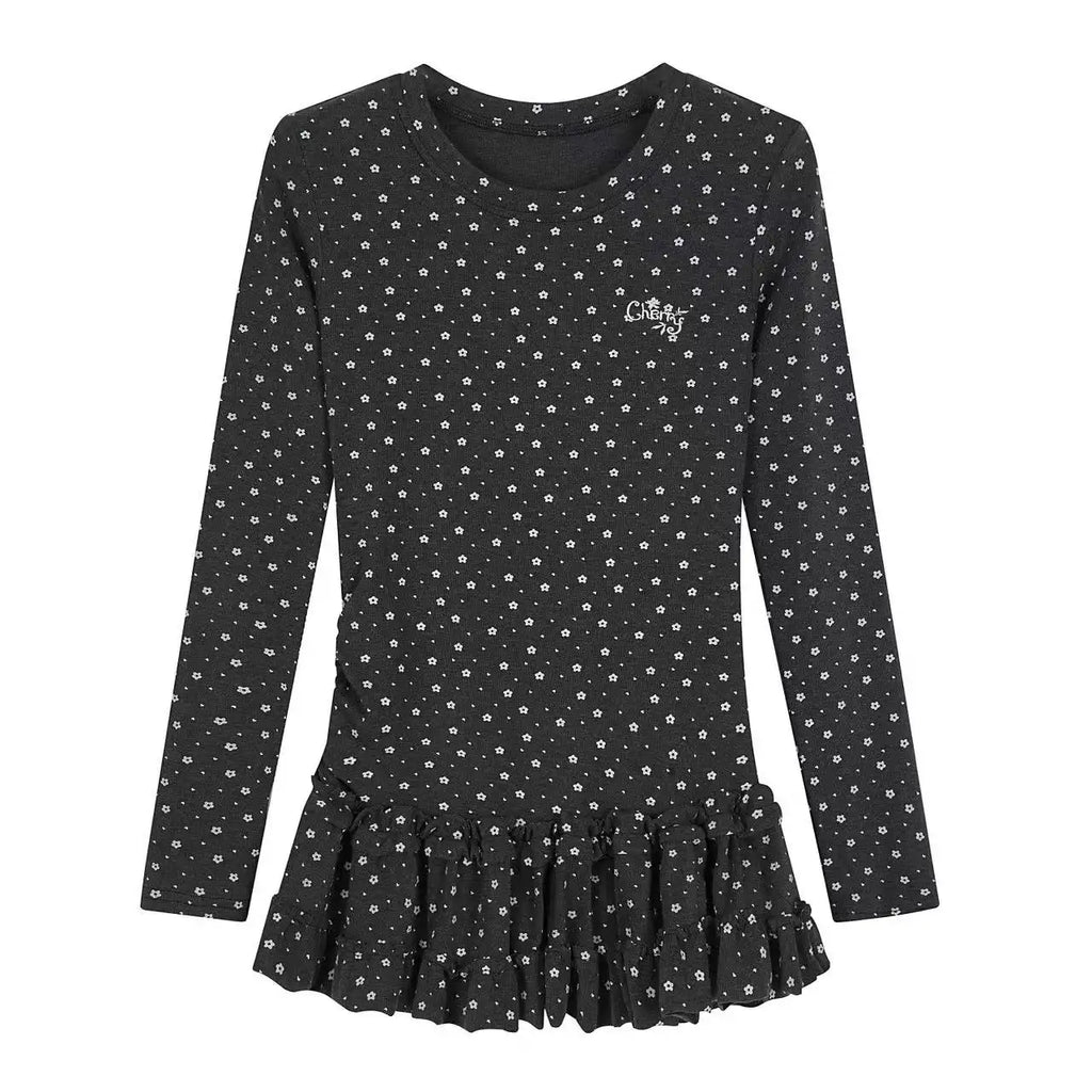 Floral Print Ruffled Hem Fitted Long Sleeve Top   OL2030