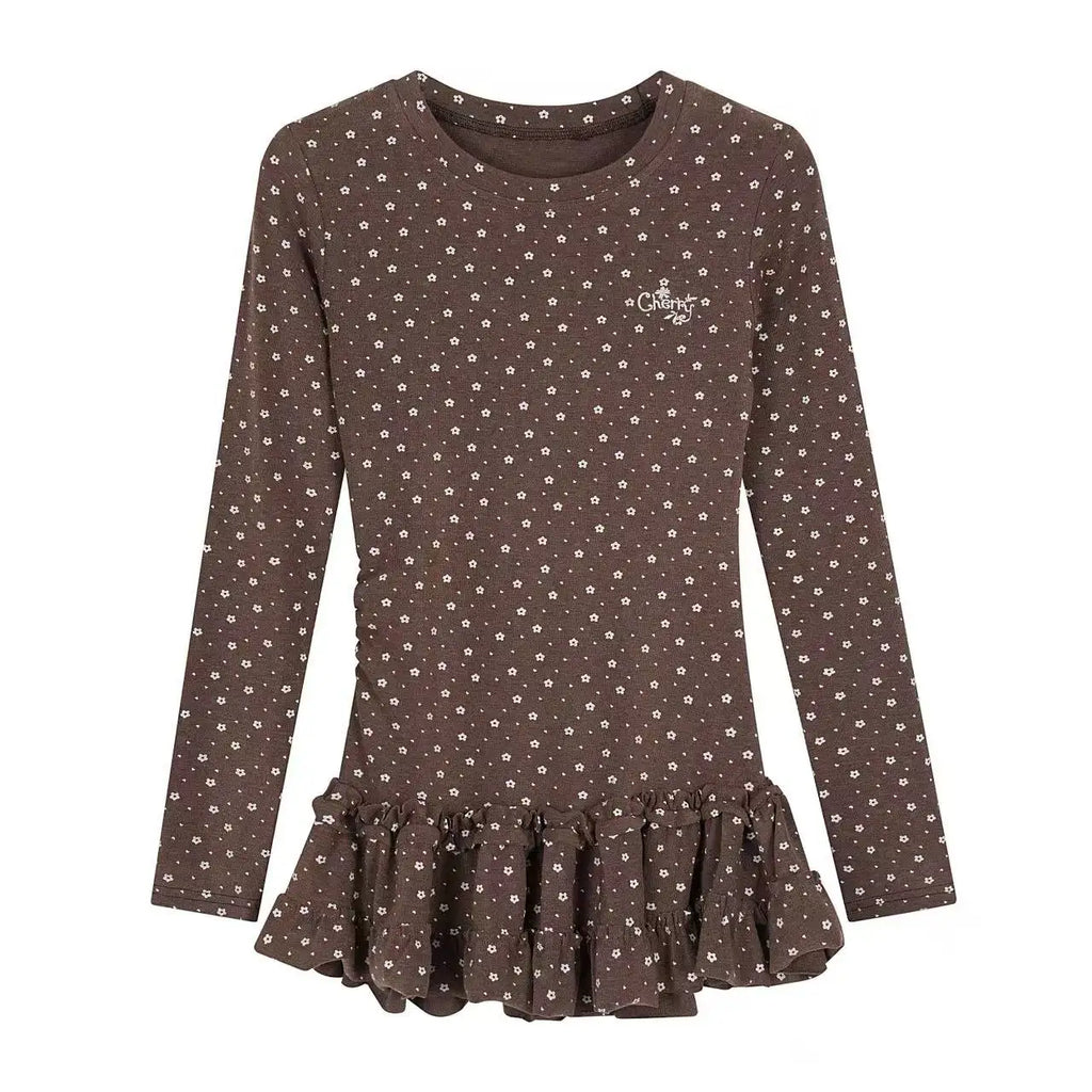 Floral Print Ruffled Hem Fitted Long Sleeve Top   OL2030