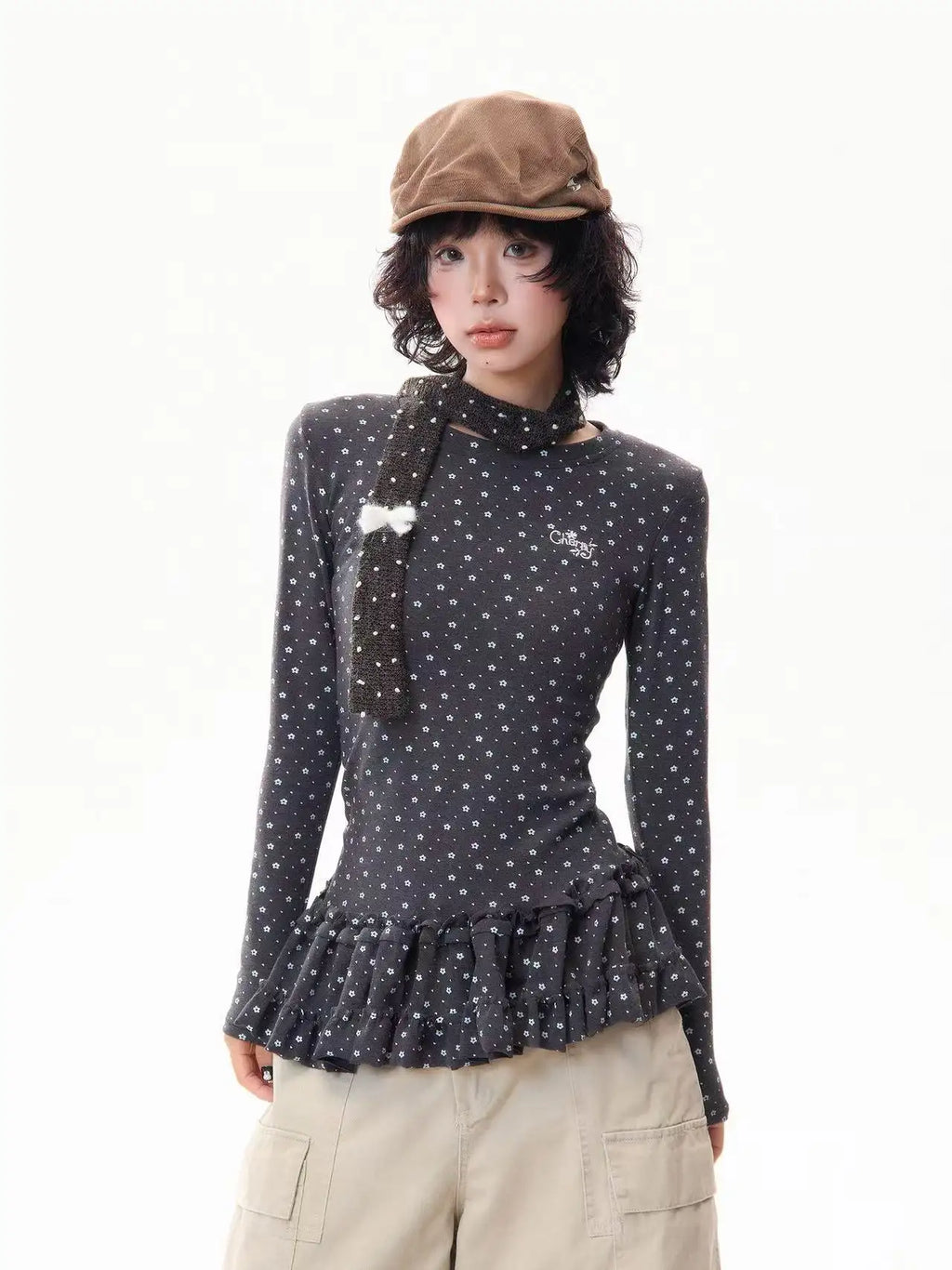 Floral Print Ruffled Hem Fitted Long Sleeve Top   OL2030