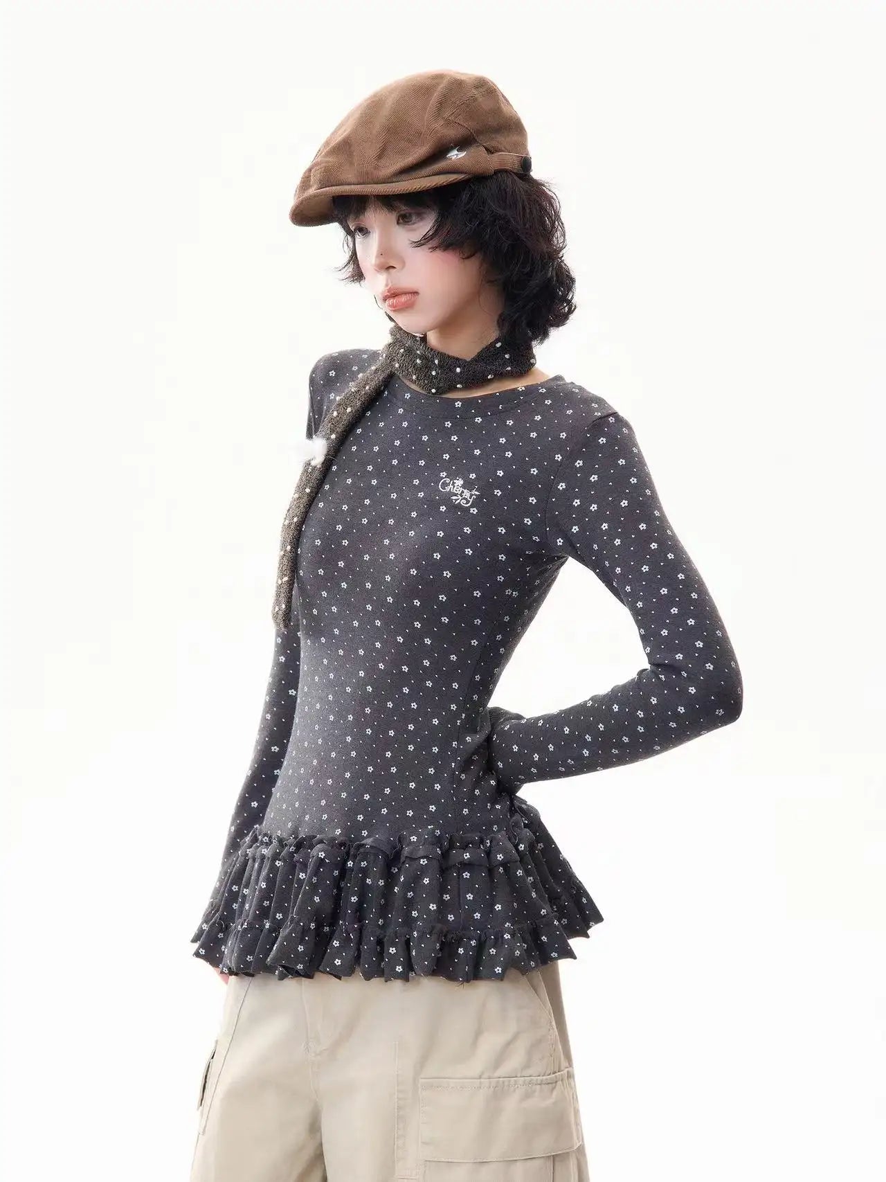 Floral Print Ruffled Hem Fitted Long Sleeve Top   OL2030