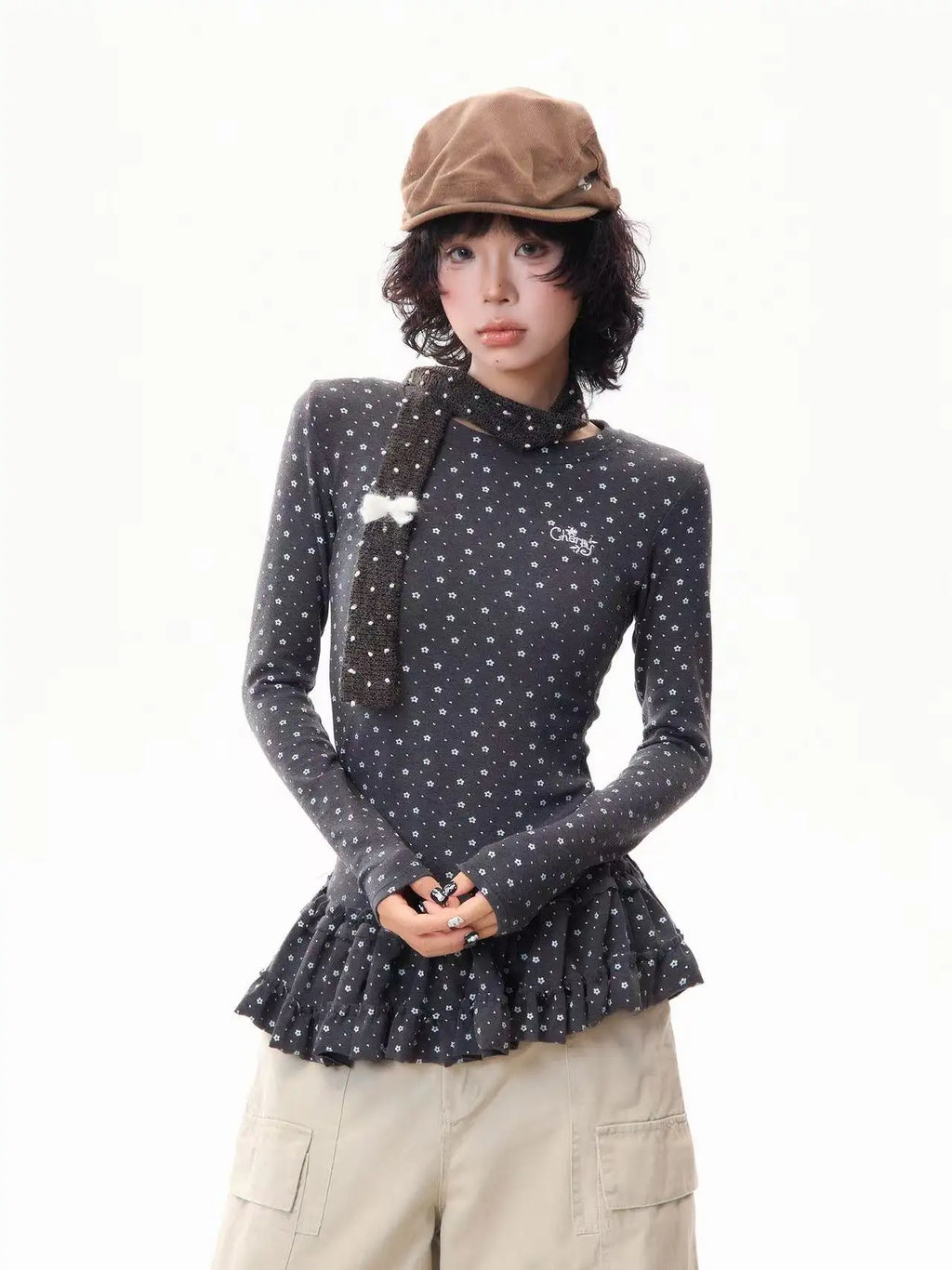 Floral Print Ruffled Hem Fitted Long Sleeve Top   OL2030